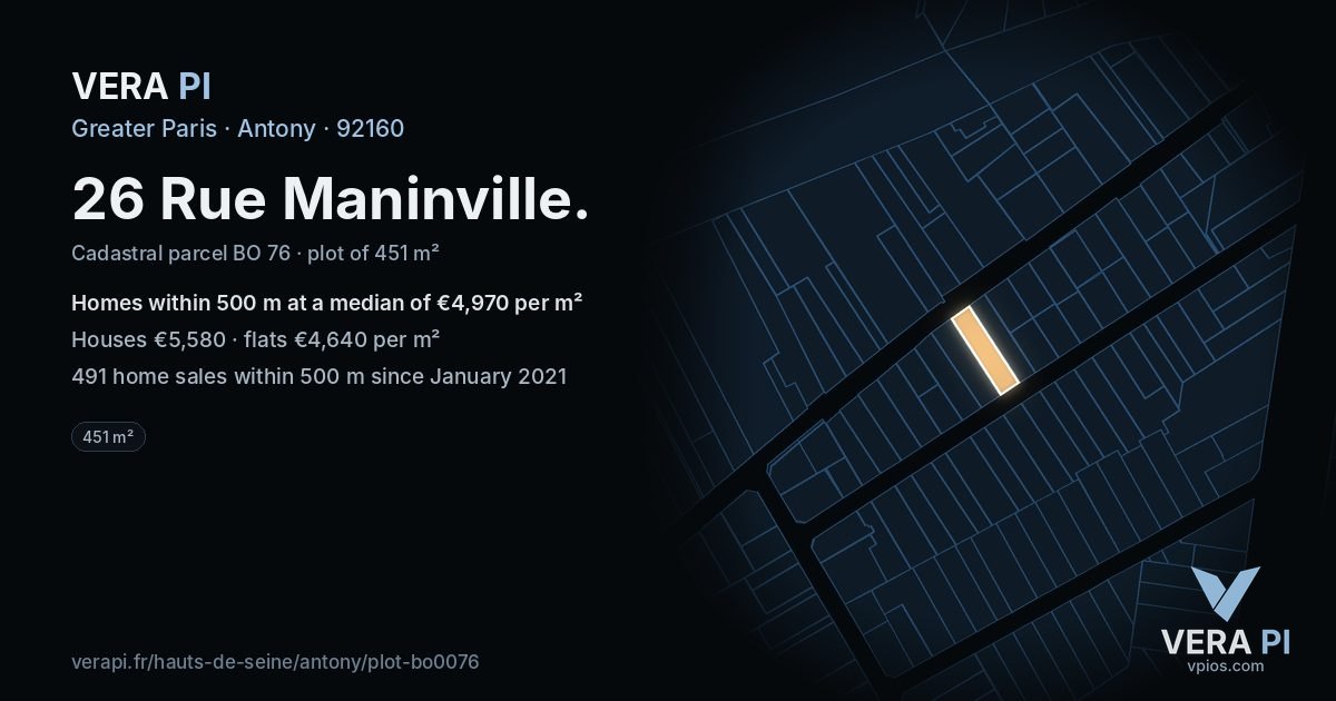 26 Rue Maninville, Antony at night – the plot lit, the parcels around coloured by the prices near them