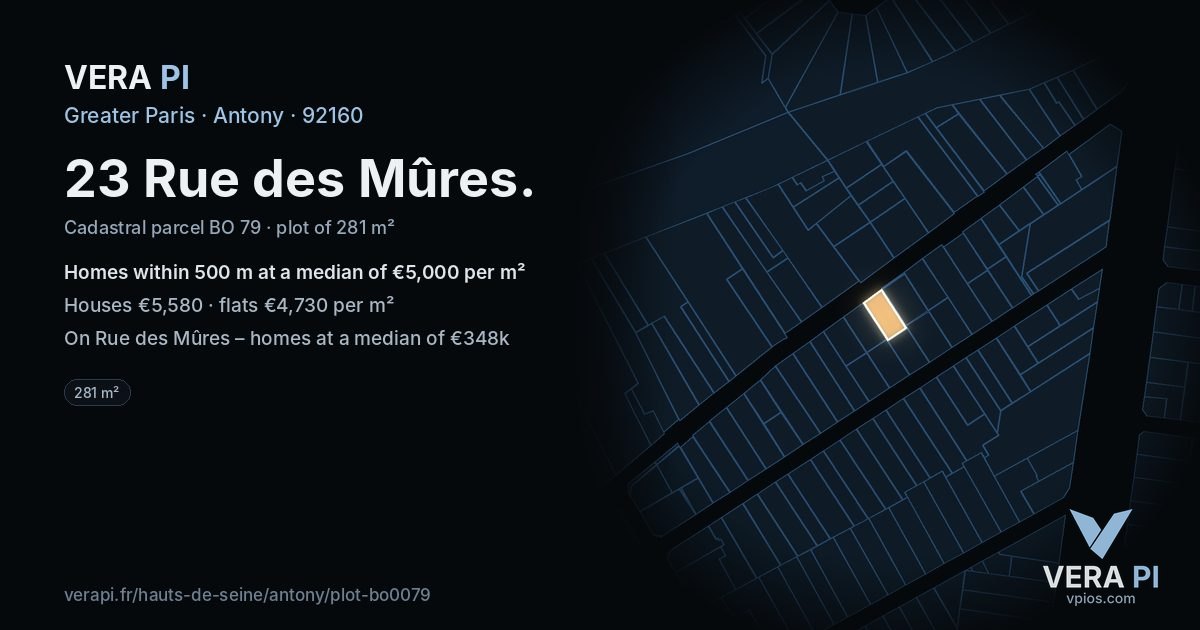 23 Rue des Mûres, Antony at night – the plot lit, the parcels around coloured by the prices near them
