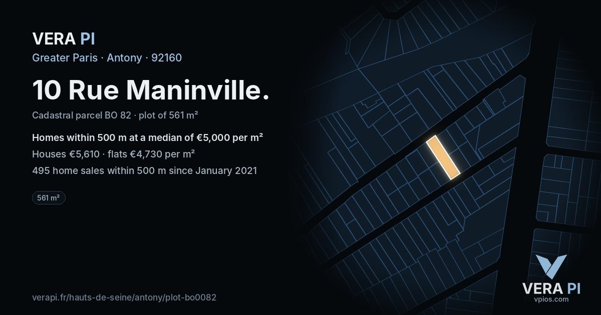 10 Rue Maninville, Antony at night – the plot lit, the parcels around coloured by the prices near them