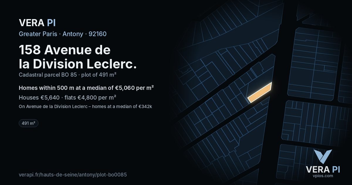 158 Avenue de la Division Leclerc, Antony at night – the plot lit, the parcels around coloured by the prices near them
