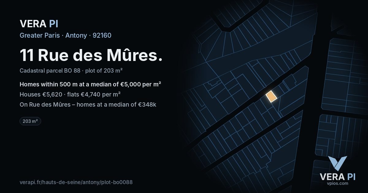 11 Rue des Mûres, Antony at night – the plot lit, the parcels around coloured by the prices near them