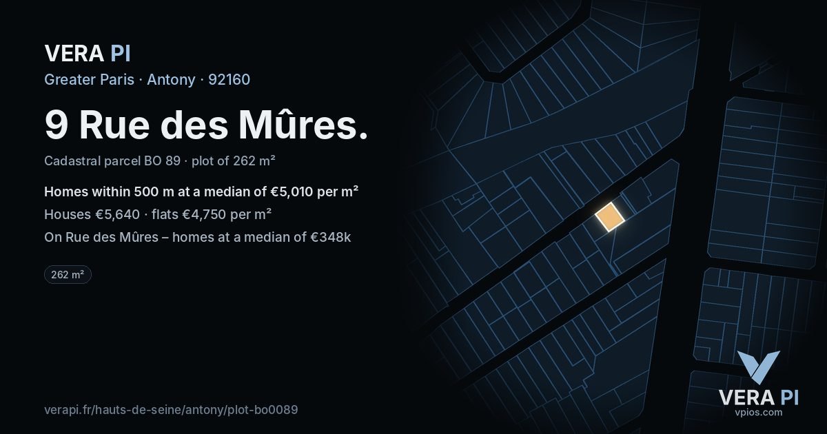 9 Rue des Mûres, Antony at night – the plot lit, the parcels around coloured by the prices near them