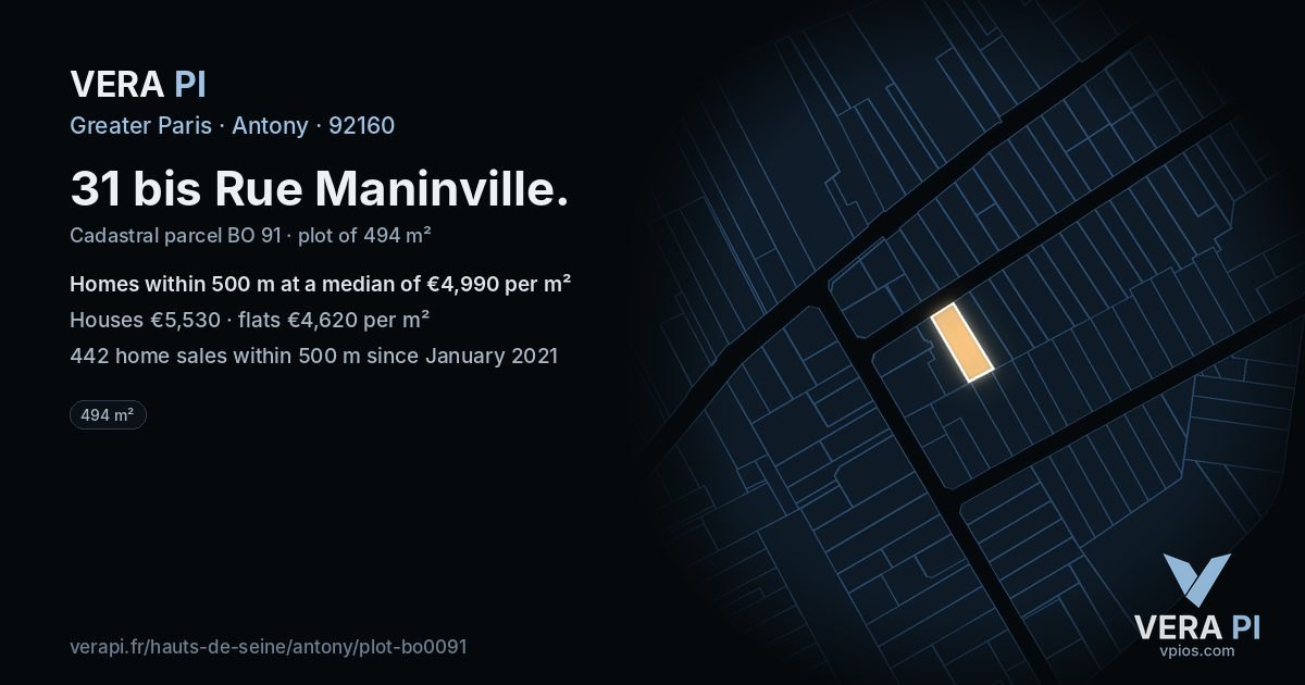 31 bis Rue Maninville, Antony at night – the plot lit, the parcels around coloured by the prices near them