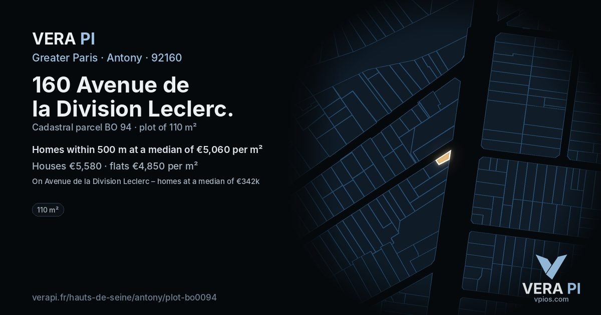 160 Avenue de la Division Leclerc, Antony at night – the plot lit, the parcels around coloured by the prices near them