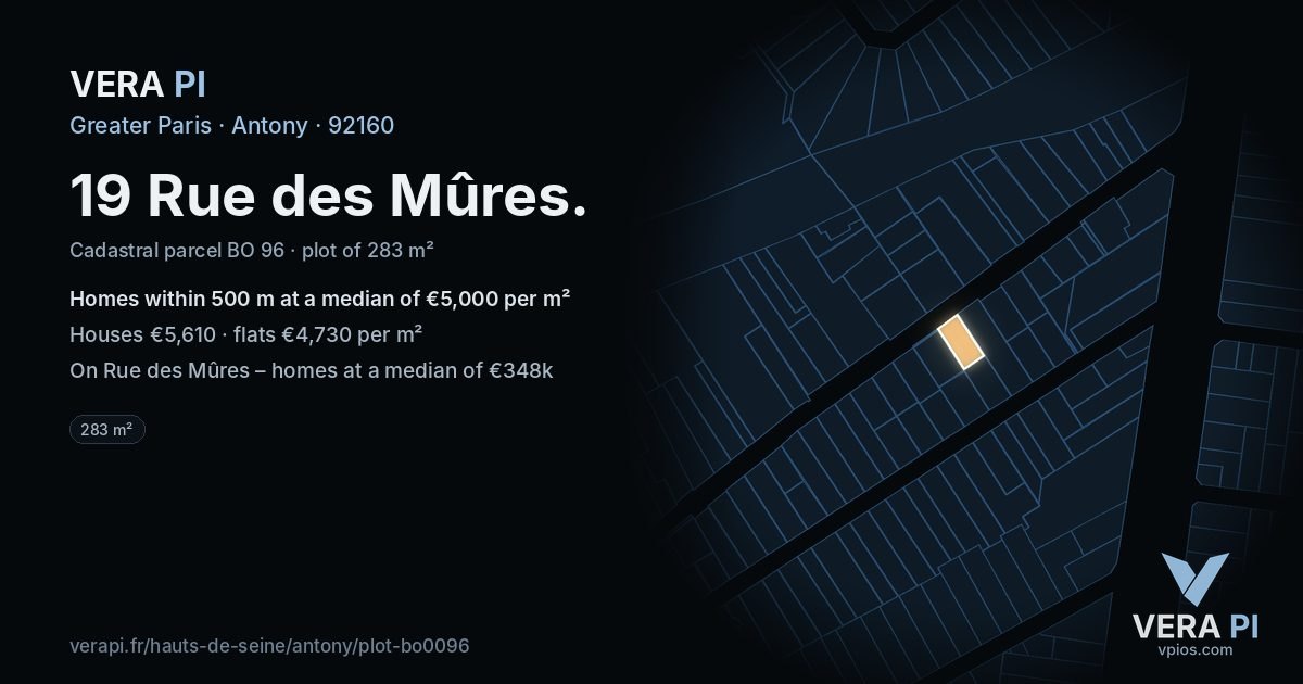19 Rue des Mûres, Antony at night – the plot lit, the parcels around coloured by the prices near them