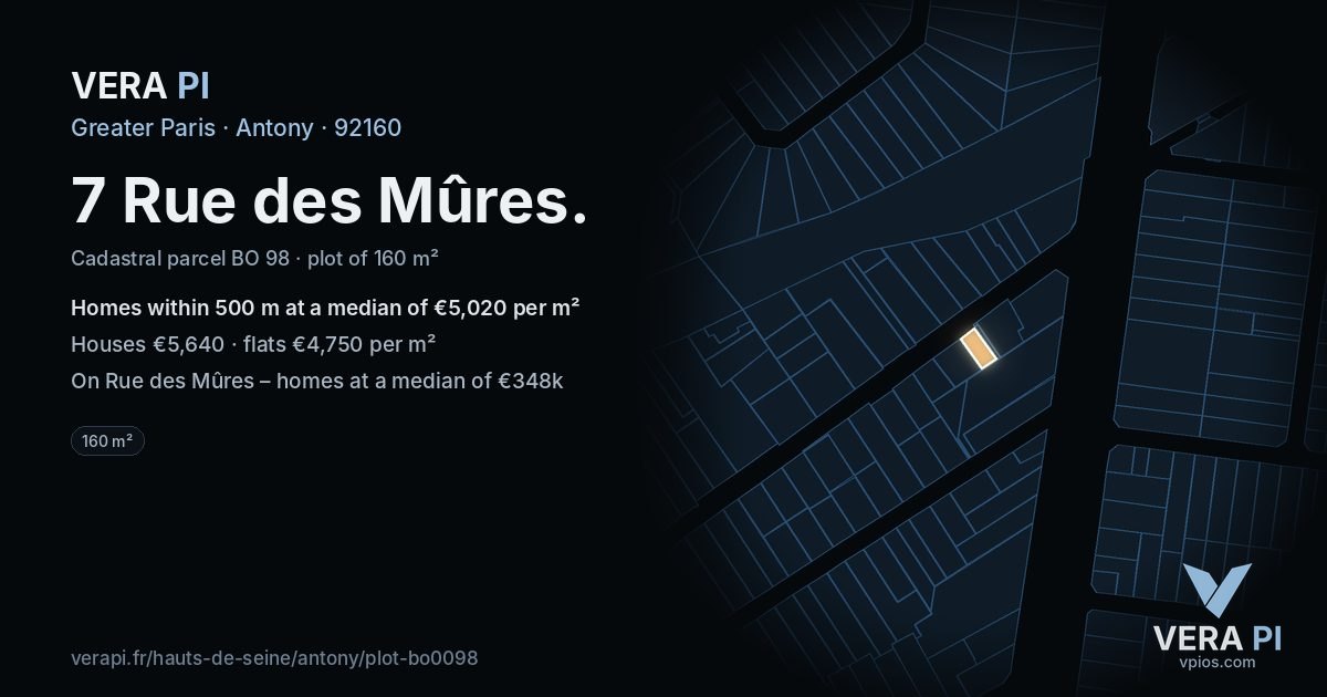 7 Rue des Mûres, Antony at night – the plot lit, the parcels around coloured by the prices near them