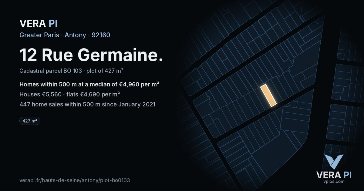 12 Rue Germaine, Antony at night – the plot lit, the parcels around coloured by the prices near them