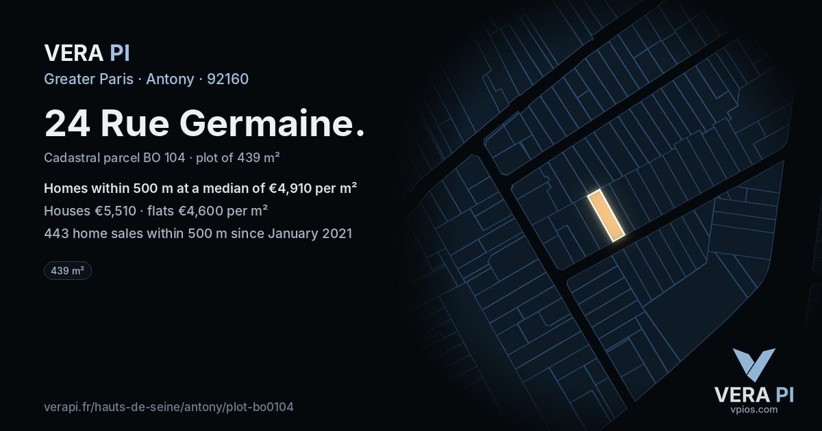 24 Rue Germaine, Antony at night – the plot lit, the parcels around coloured by the prices near them