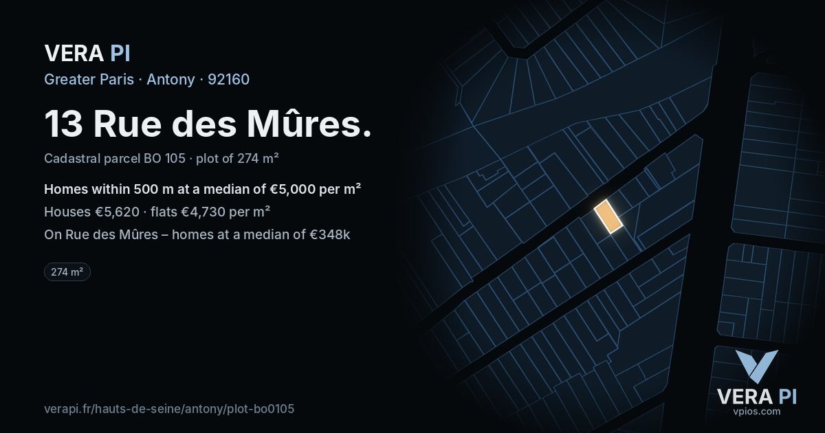 13 Rue des Mûres, Antony at night – the plot lit, the parcels around coloured by the prices near them