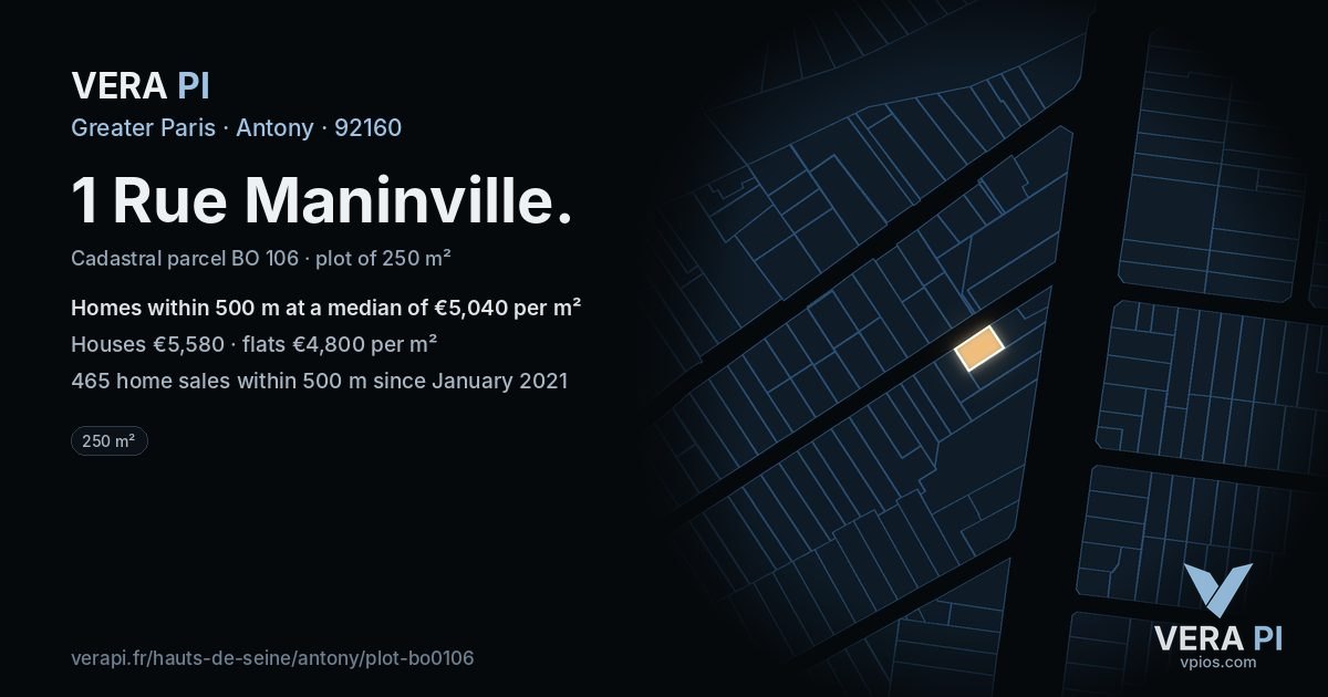 1 Rue Maninville, Antony at night – the plot lit, the parcels around coloured by the prices near them