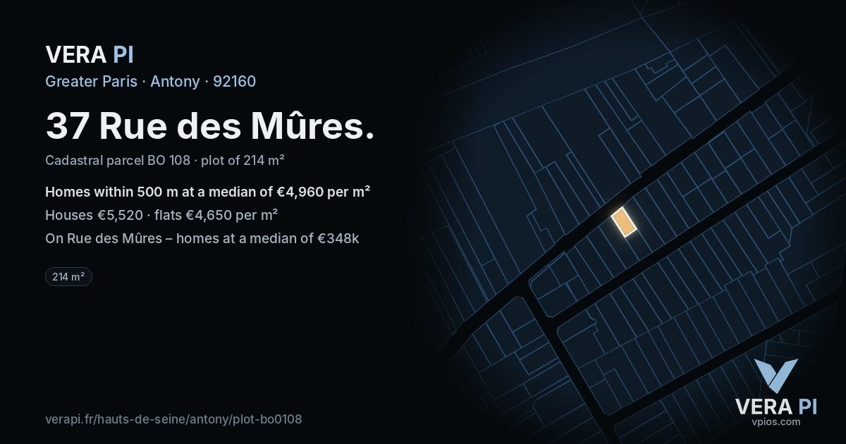 37 Rue des Mûres, Antony at night – the plot lit, the parcels around coloured by the prices near them