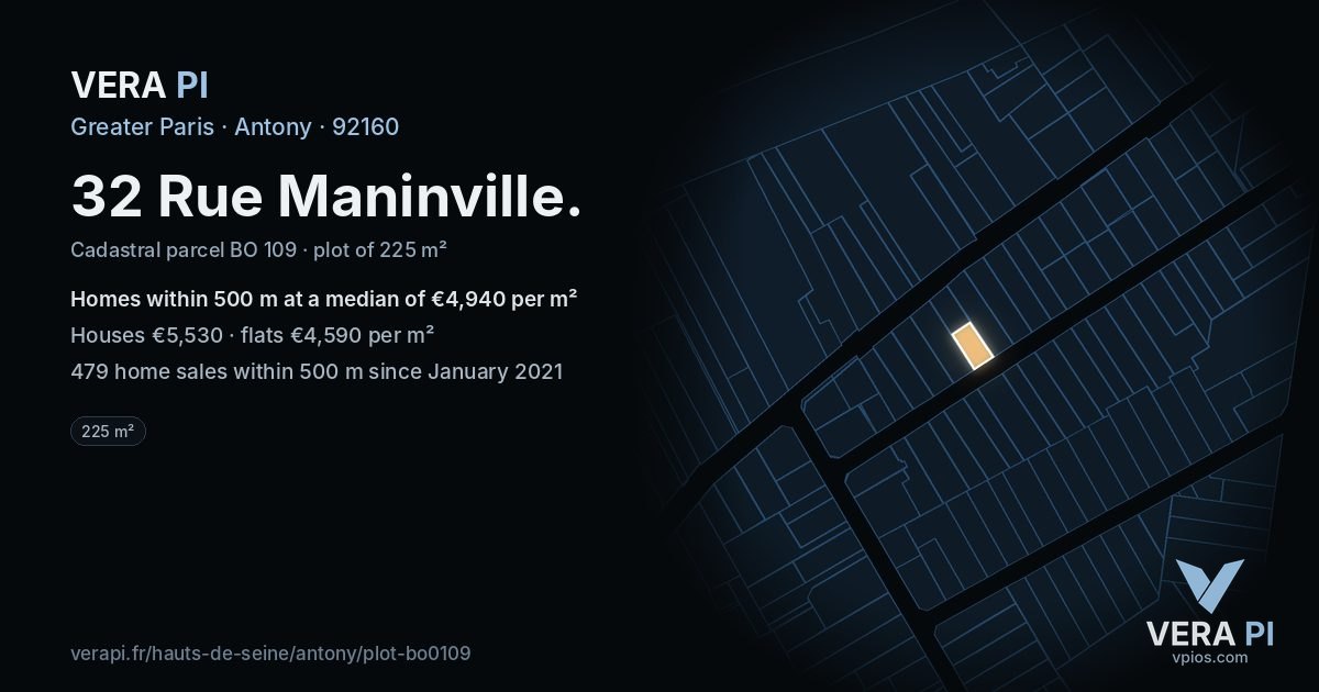 32 Rue Maninville, Antony at night – the plot lit, the parcels around coloured by the prices near them