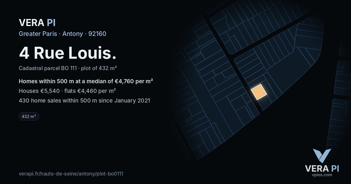 4 Rue Louis, Antony at night – the plot lit, the parcels around coloured by the prices near them