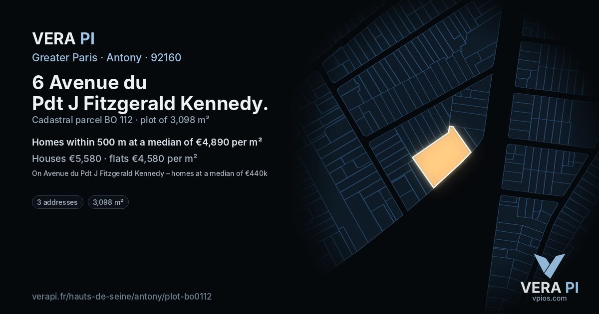 6 Avenue du Pdt J Fitzgerald Kennedy, Antony at night – the plot lit, the parcels around coloured by the prices near them