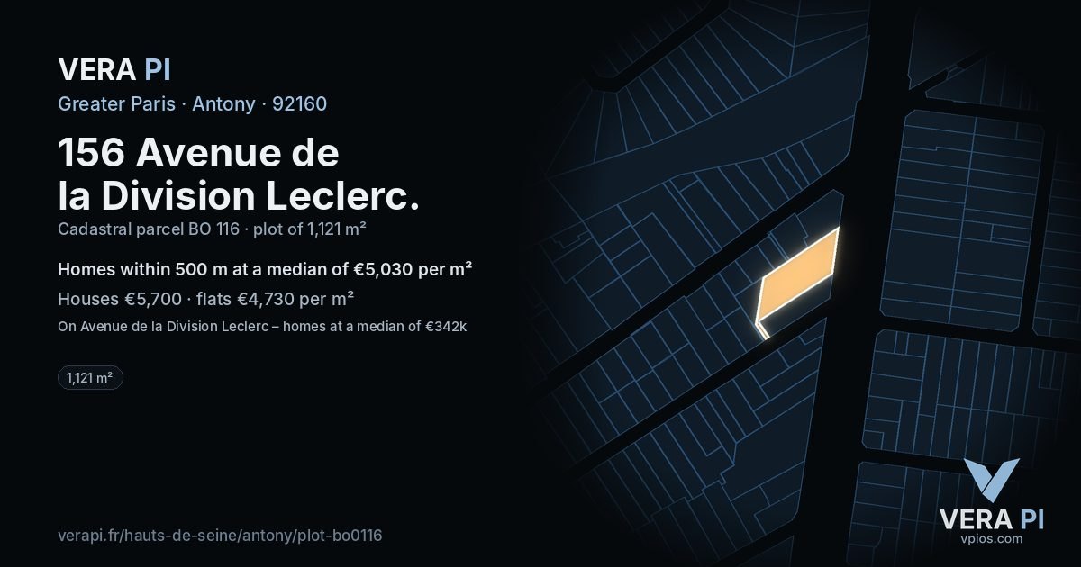 156 Avenue de la Division Leclerc, Antony at night – the plot lit, the parcels around coloured by the prices near them