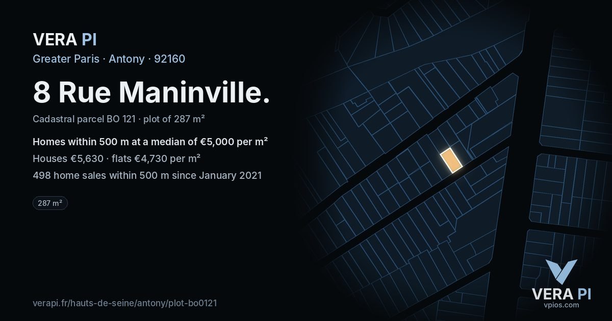 8 Rue Maninville, Antony at night – the plot lit, the parcels around coloured by the prices near them