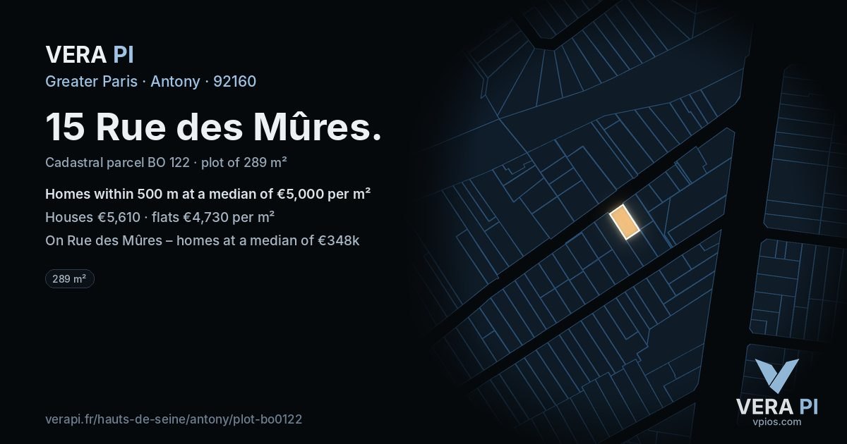 15 Rue des Mûres, Antony at night – the plot lit, the parcels around coloured by the prices near them