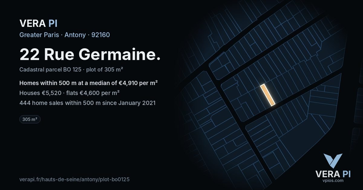 22 Rue Germaine, Antony at night – the plot lit, the parcels around coloured by the prices near them