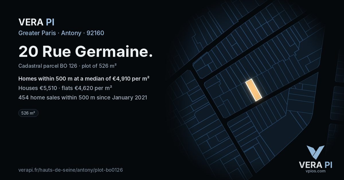 20 Rue Germaine, Antony at night – the plot lit, the parcels around coloured by the prices near them