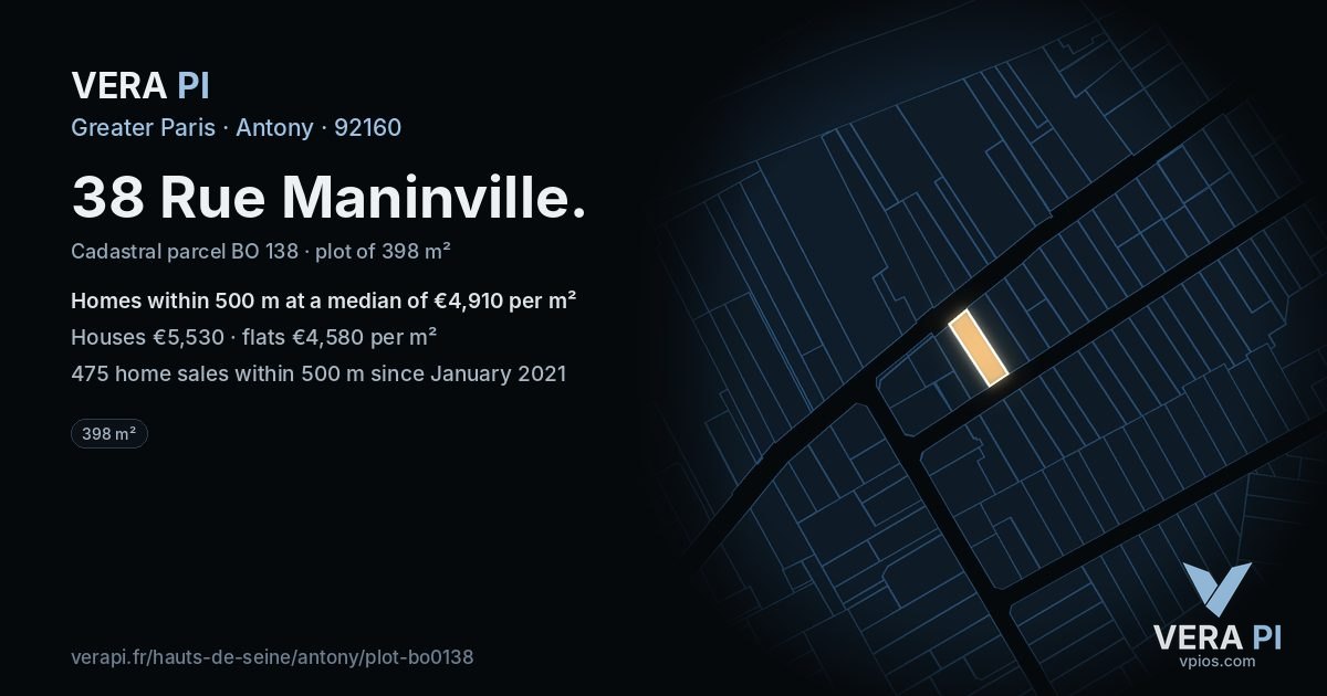38 Rue Maninville, Antony at night – the plot lit, the parcels around coloured by the prices near them