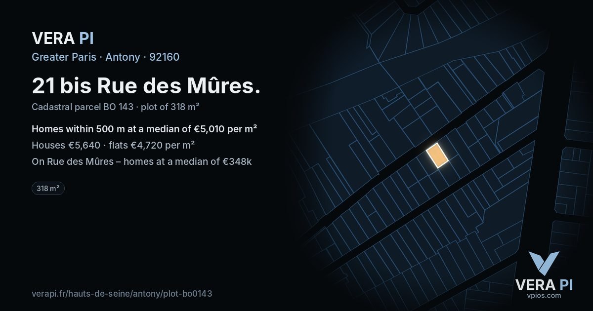 21 bis Rue des Mûres, Antony at night – the plot lit, the parcels around coloured by the prices near them