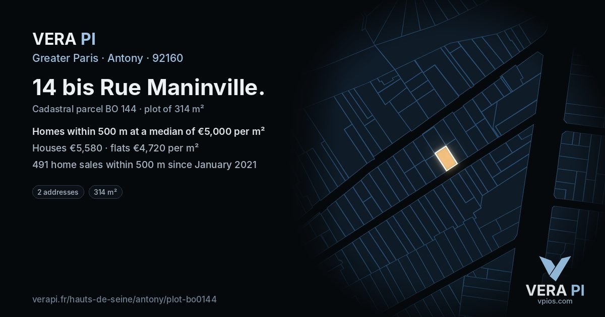 14 bis Rue Maninville, Antony at night – the plot lit, the parcels around coloured by the prices near them