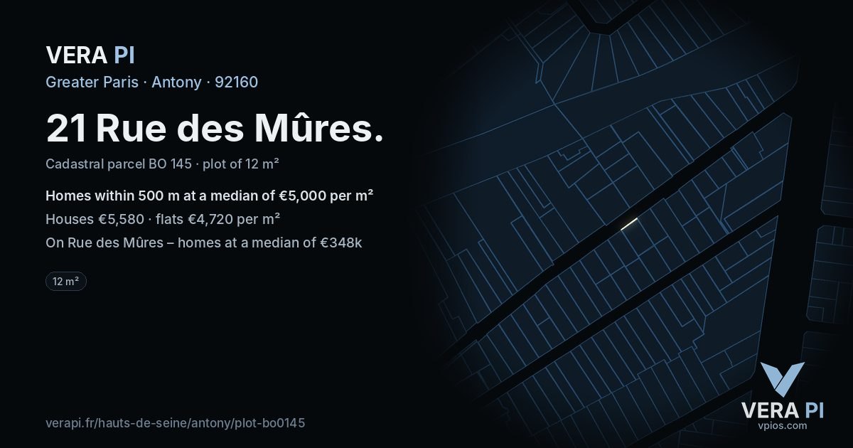 21 Rue des Mûres, Antony at night – the plot lit, the parcels around coloured by the prices near them