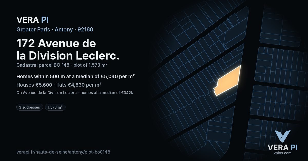 172 Avenue de la Division Leclerc, Antony at night – the plot lit, the parcels around coloured by the prices near them