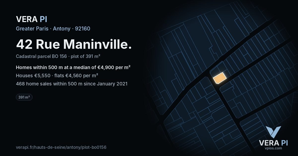 42 Rue Maninville, Antony at night – the plot lit, the parcels around coloured by the prices near them
