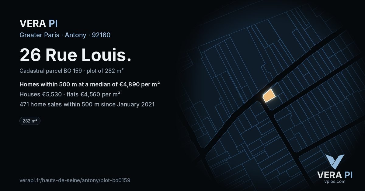 26 Rue Louis, Antony at night – the plot lit, the parcels around coloured by the prices near them