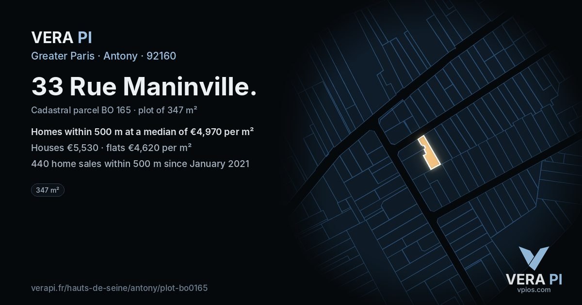 33 Rue Maninville, Antony at night – the plot lit, the parcels around coloured by the prices near them