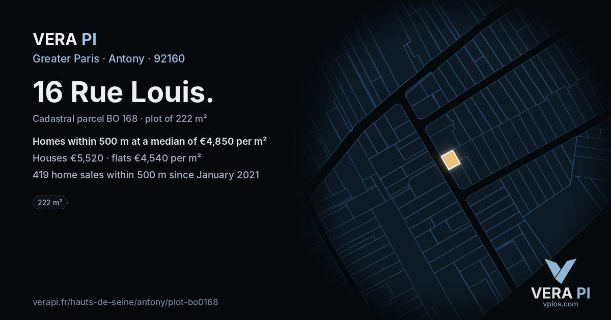 16 Rue Louis, Antony at night – the plot lit, the parcels around coloured by the prices near them