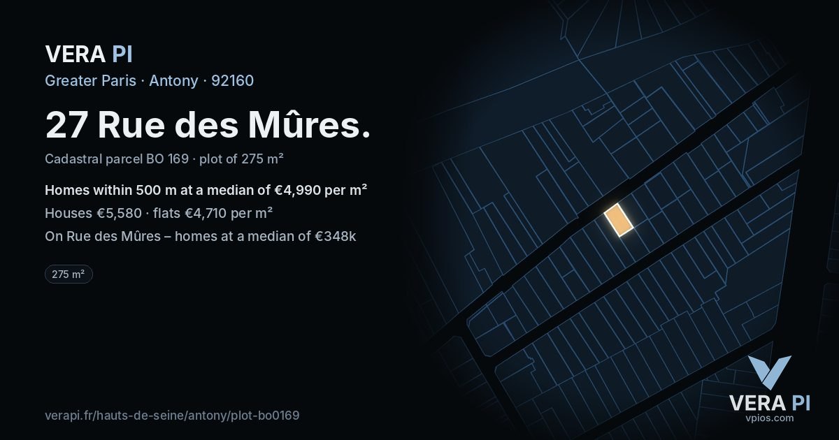 27 Rue des Mûres, Antony at night – the plot lit, the parcels around coloured by the prices near them