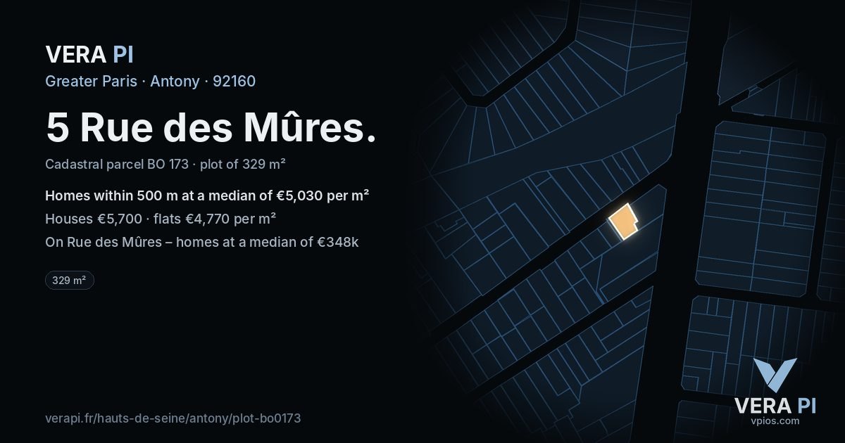 5 Rue des Mûres, Antony at night – the plot lit, the parcels around coloured by the prices near them