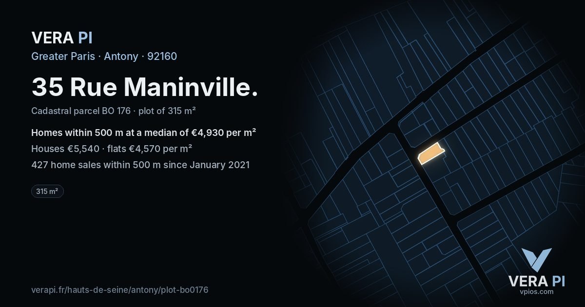 35 Rue Maninville, Antony at night – the plot lit, the parcels around coloured by the prices near them