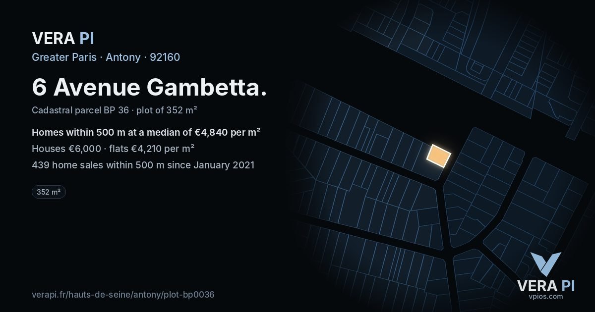 6 Avenue Gambetta, Antony at night – the plot lit, the parcels around coloured by the prices near them