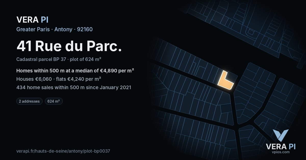 41 Rue du Parc, Antony at night – the plot lit, the parcels around coloured by the prices near them