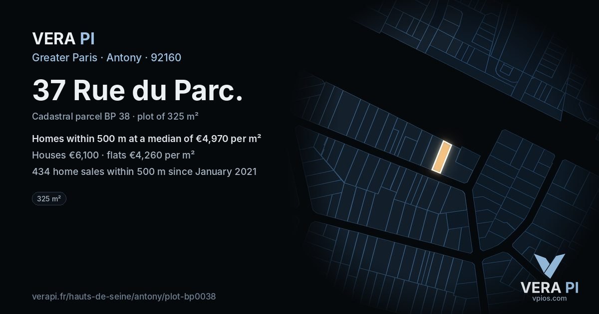 37 Rue du Parc, Antony at night – the plot lit, the parcels around coloured by the prices near them