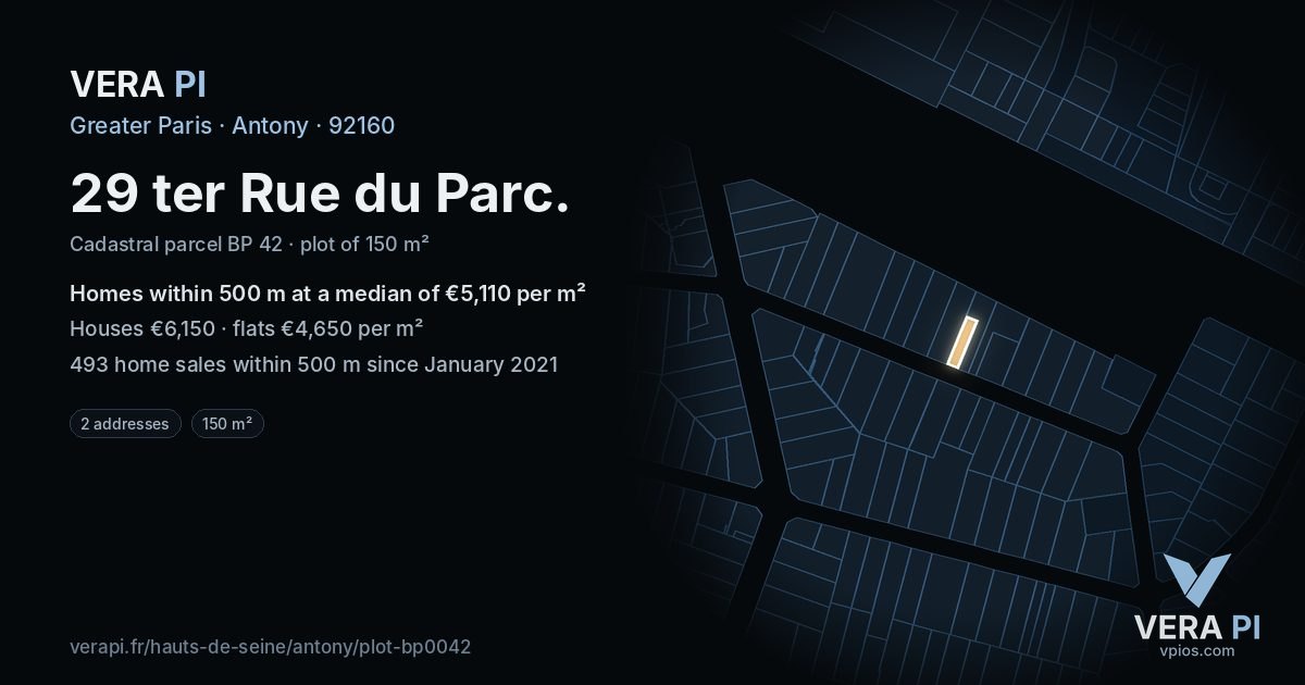 29 ter Rue du Parc, Antony at night – the plot lit, the parcels around coloured by the prices near them