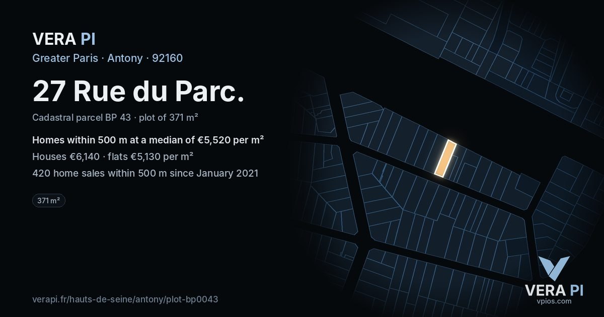 27 Rue du Parc, Antony at night – the plot lit, the parcels around coloured by the prices near them