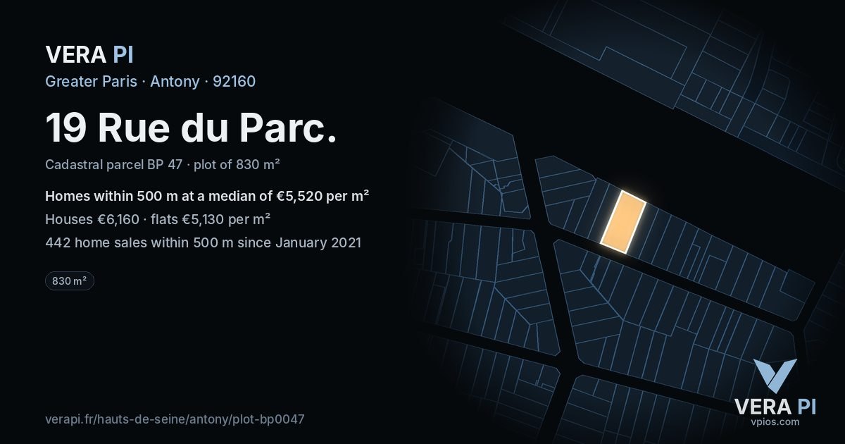 19 Rue du Parc, Antony at night – the plot lit, the parcels around coloured by the prices near them