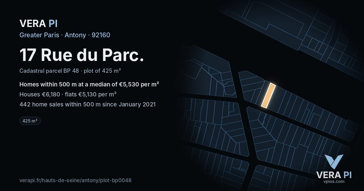 17 Rue du Parc, Antony at night – the plot lit, the parcels around coloured by the prices near them