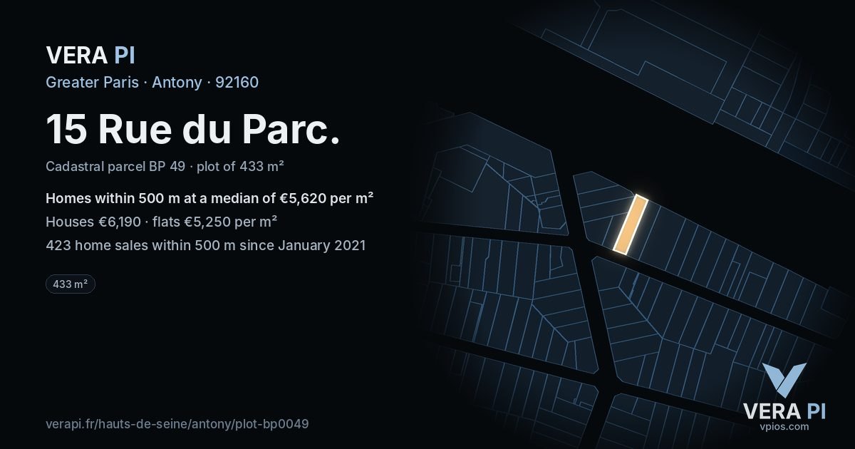 15 Rue du Parc, Antony at night – the plot lit, the parcels around coloured by the prices near them
