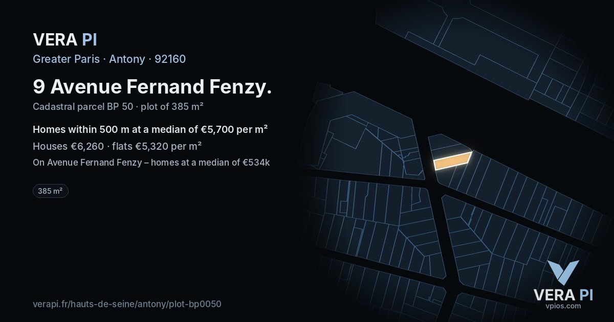 9 Avenue Fernand Fenzy, Antony at night – the plot lit, the parcels around coloured by the prices near them