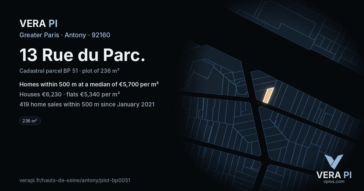 13 Rue du Parc, Antony at night – the plot lit, the parcels around coloured by the prices near them