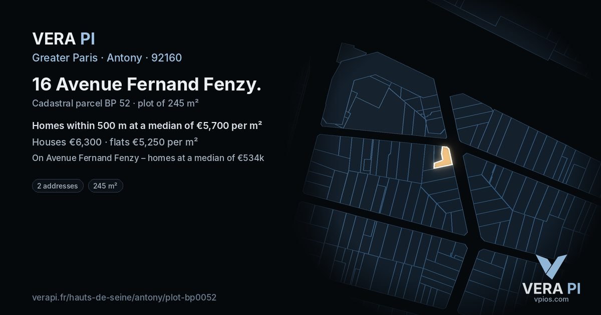 16 Avenue Fernand Fenzy, Antony at night – the plot lit, the parcels around coloured by the prices near them