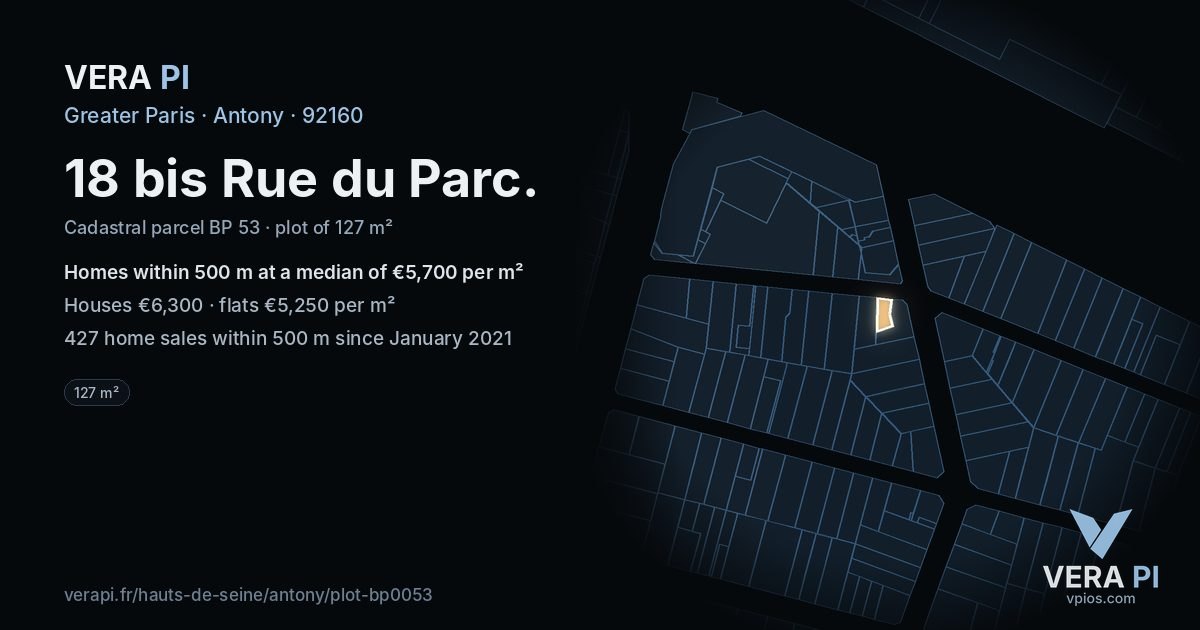 18 bis Rue du Parc, Antony at night – the plot lit, the parcels around coloured by the prices near them