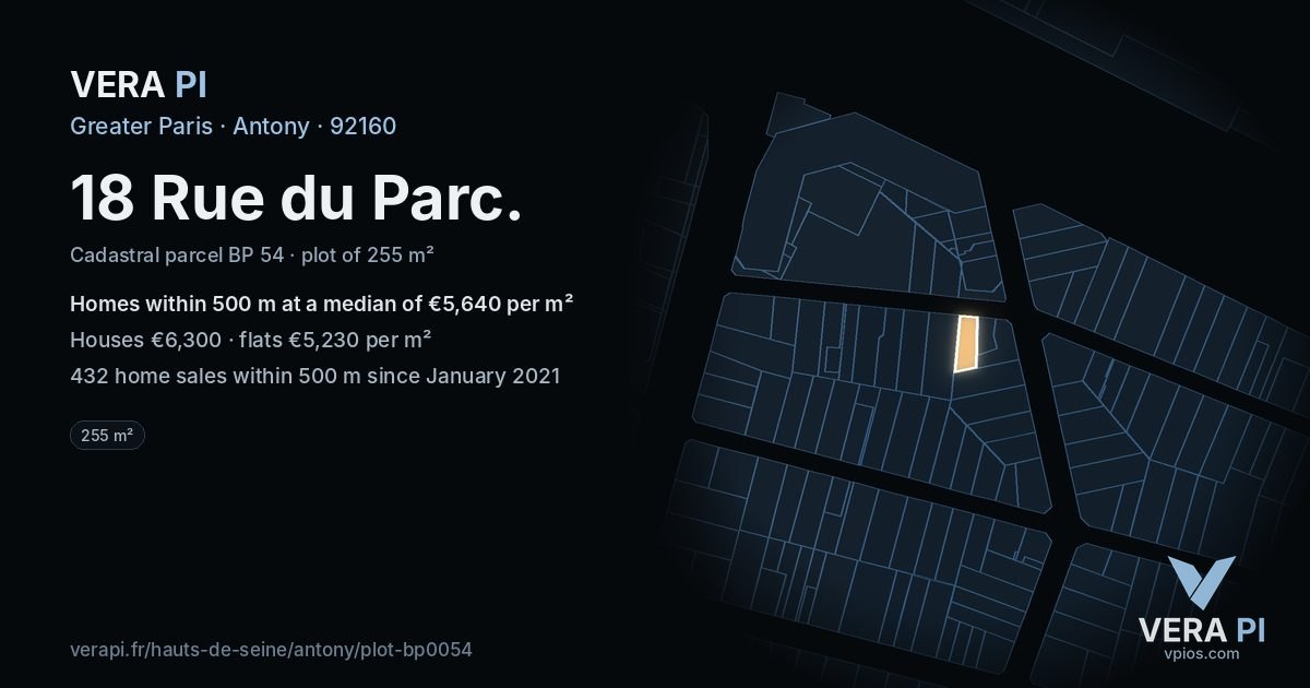 18 Rue du Parc, Antony at night – the plot lit, the parcels around coloured by the prices near them
