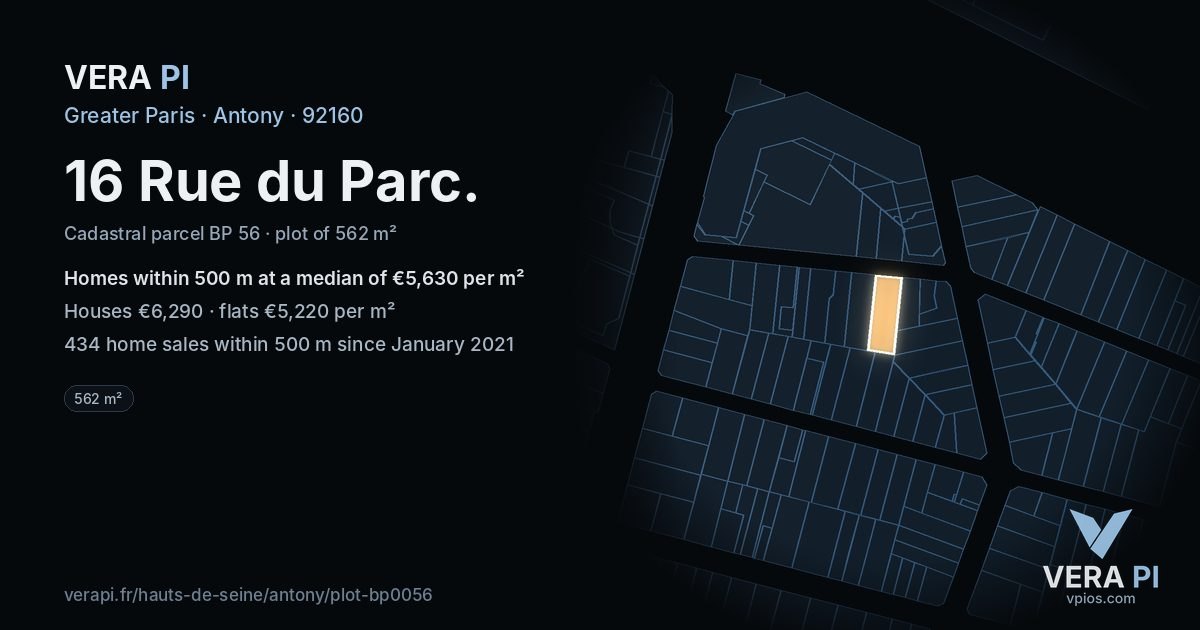 16 Rue du Parc, Antony at night – the plot lit, the parcels around coloured by the prices near them
