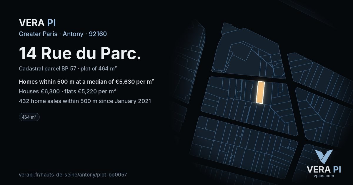14 Rue du Parc, Antony at night – the plot lit, the parcels around coloured by the prices near them